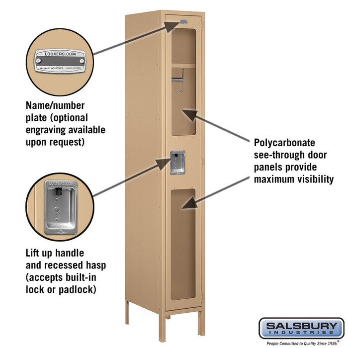 Salsbury 12" Wide Single Tier See-Through Metal Locker - 1 Wide - 6 Feet High - 18 Inches Deep - Tan - Unassembled - Sweatfully