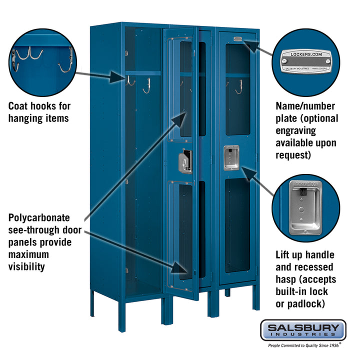 Salsbury 12" Wide Single Tier See-Through Metal Locker - 3 Wide - 5 Feet High - 12 Inches Deep - Blue - Unassembled - Sweatfully