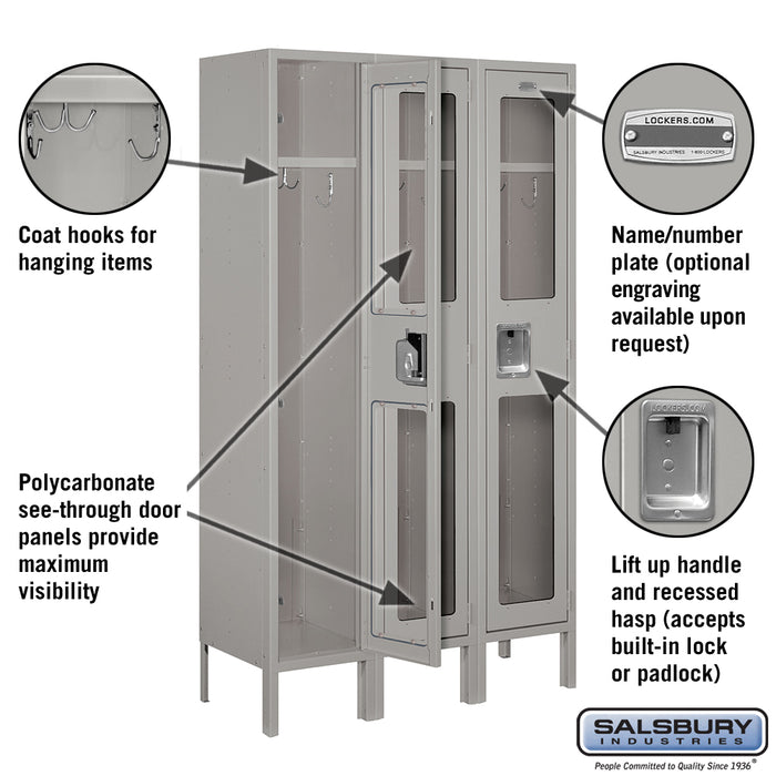 Salsbury 12" Wide Single Tier See-Through Metal Locker - 3 Wide - 5 Feet High - 12 Inches Deep - Gray - Unassembled - Sweatfully