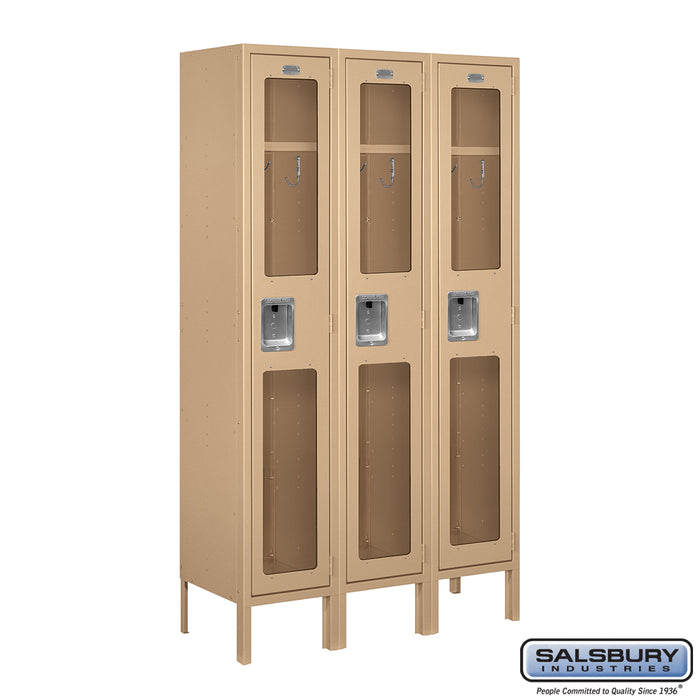 Salsbury 12" Wide Single Tier See-Through Metal Locker - 3 Wide - 5 Feet High - 12 Inches Deep - Tan - Assembled - Sweatfully