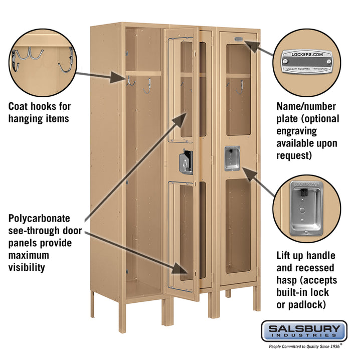 Salsbury 12" Wide Single Tier See-Through Metal Locker - 3 Wide - 5 Feet High - 12 Inches Deep - Tan - Unassembled - Sweatfully