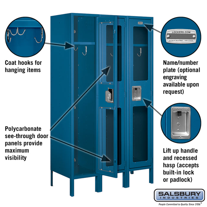 Salsbury 12" Wide Single Tier See-Through Metal Locker - 3 Wide - 5 Feet High - 15 Inches Deep - Blue - Assembled - Sweatfully
