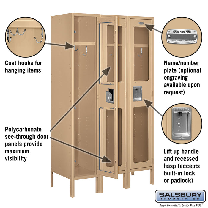 Salsbury 12" Wide Single Tier See-Through Metal Locker - 3 Wide - 5 Feet High - 15 Inches Deep - Tan - Assembled - Sweatfully