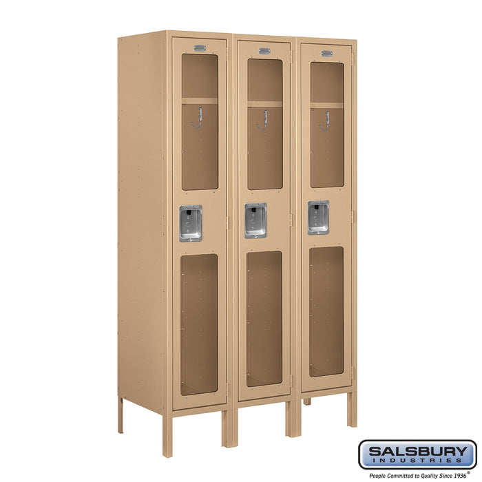 Salsbury 12" Wide Single Tier See-Through Metal Locker - 3 Wide - 5 Feet High - 15 Inches Deep - Tan - Assembled - Sweatfully