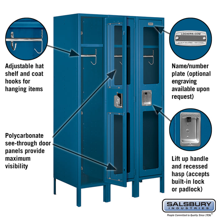 Salsbury 12" Wide Single Tier See-Through Metal Locker - 3 Wide - 5 Feet High - 18 Inches Deep - Blue - Assembled - Sweatfully