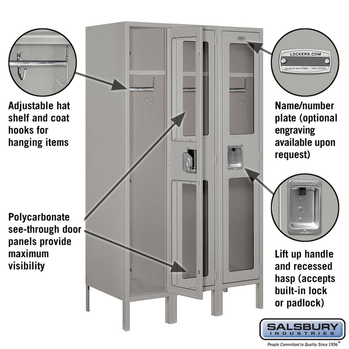 Salsbury 12" Wide Single Tier See-Through Metal Locker - 3 Wide - 5 Feet High - 18 Inches Deep - Gray - Assembled - Sweatfully
