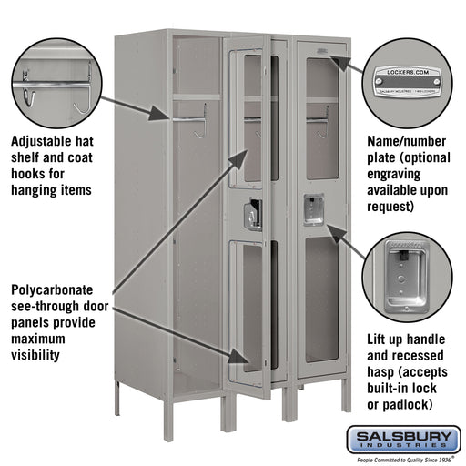 Salsbury 12" Wide Single Tier See-Through Metal Locker - 3 Wide - 5 Feet High - 18 Inches Deep - Gray - Unassembled - Sweatfully
