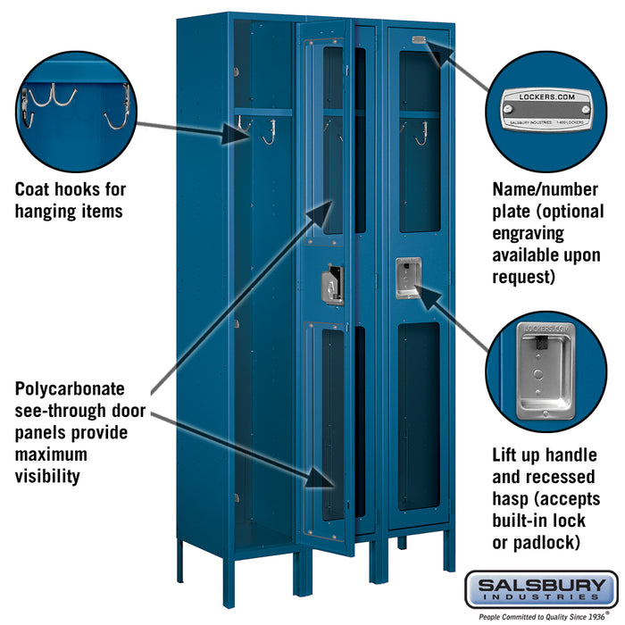 Salsbury 12" Wide Single Tier See-Through Metal Locker - 3 Wide - 6 Feet High - 12 Inches Deep - Blue - Assembled - Sweatfully