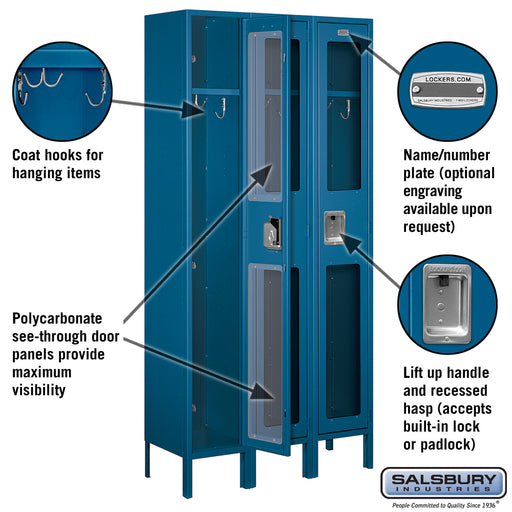 Salsbury 12" Wide Single Tier See-Through Metal Locker - 3 Wide - 6 Feet High - 12 Inches Deep - Blue - Unassembled - Sweatfully