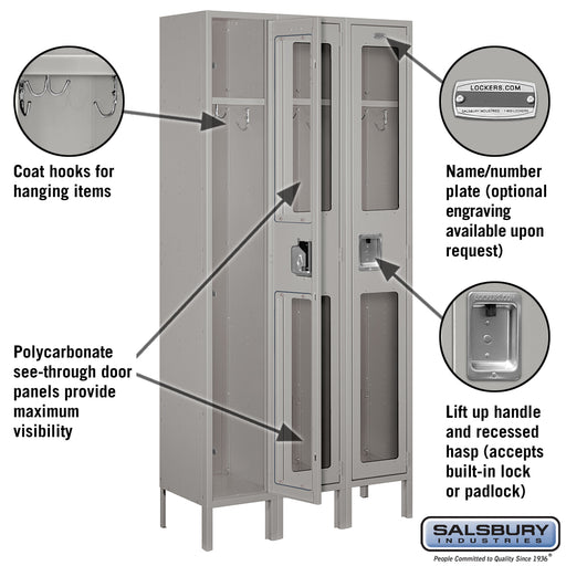 Salsbury 12" Wide Single Tier See-Through Metal Locker - 3 Wide - 6 Feet High - 12 Inches Deep - Gray - Assembled - Sweatfully