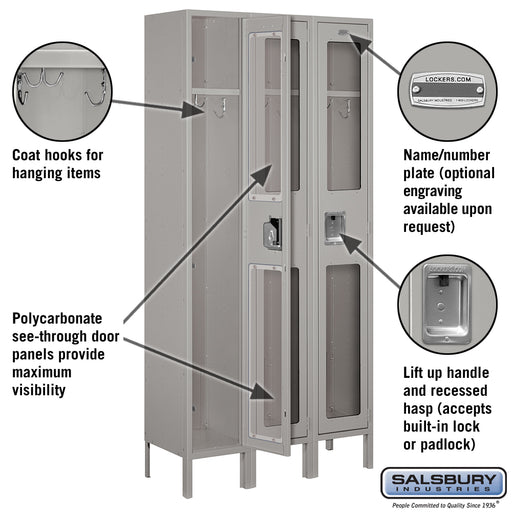 Salsbury 12" Wide Single Tier See-Through Metal Locker - 3 Wide - 6 Feet High - 12 Inches Deep - Gray - Unassembled - Sweatfully