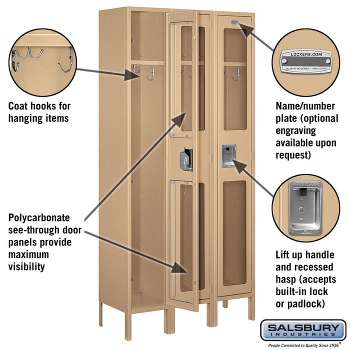 Salsbury 12" Wide Single Tier See-Through Metal Locker - 3 Wide - 6 Feet High - 12 Inches Deep - Tan - Assembled - Sweatfully