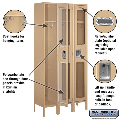 Salsbury 12" Wide Single Tier See-Through Metal Locker - 3 Wide - 6 Feet High - 12 Inches Deep - Tan - Unassembled - Sweatfully