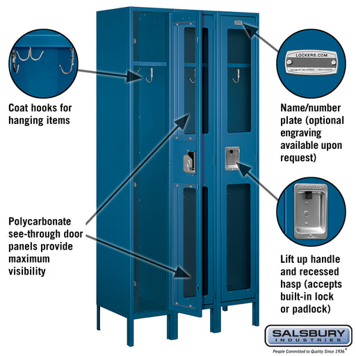 Salsbury 12" Wide Single Tier See-Through Metal Locker - 3 Wide - 6 Feet High - 15 Inches Deep - Blue - Assembled - Sweatfully