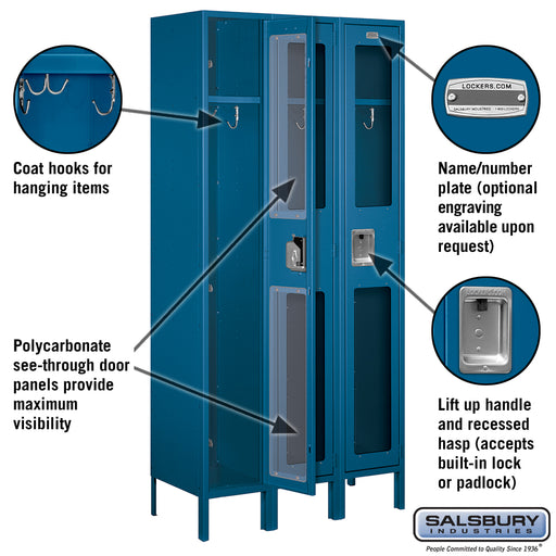 Salsbury 12" Wide Single Tier See-Through Metal Locker - 3 Wide - 6 Feet High - 15 Inches Deep - Blue - Unassembled - Sweatfully