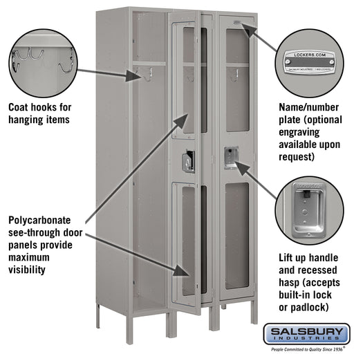 Salsbury 12" Wide Single Tier See-Through Metal Locker - 3 Wide - 6 Feet High - 15 Inches Deep - Gray - Assembled - Sweatfully