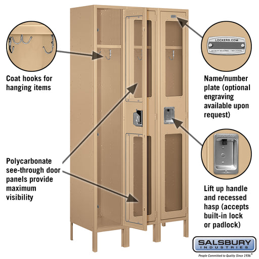 Salsbury 12" Wide Single Tier See-Through Metal Locker - 3 Wide - 6 Feet High - 15 Inches Deep - Tan - Assembled - Sweatfully