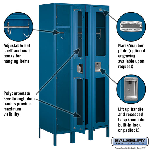 Salsbury 12" Wide Single Tier See-Through Metal Locker - 3 Wide - 6 Feet High - 18 Inches Deep - Blue - Assembled - Sweatfully