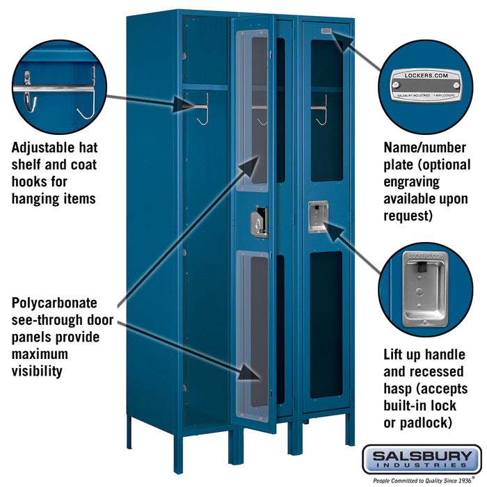 Salsbury 12" Wide Single Tier See-Through Metal Locker - 3 Wide - 6 Feet High - 18 Inches Deep - Blue - Unassembled - Sweatfully