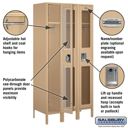 Salsbury 12" Wide Single Tier See-Through Metal Locker - 3 Wide - 6 Feet High - 18 Inches Deep - Tan - Unassembled - Sweatfully