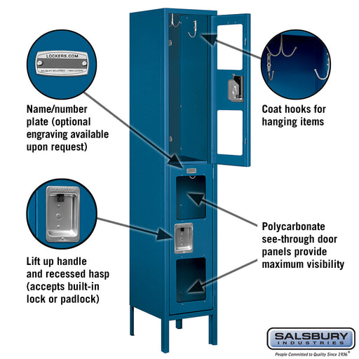 Salsbury 12" Wide Double Tier See-Through Metal Locker - 1 Wide - 5 Feet High - 12 Inches Deep - Blue - Unassembled - Sweatfully