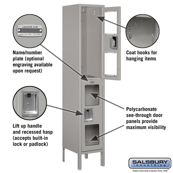 Salsbury 12" Wide Double Tier See-Through Metal Locker - 1 Wide - 5 Feet High - 12 Inches Deep - Gray - Assembled - Sweatfully