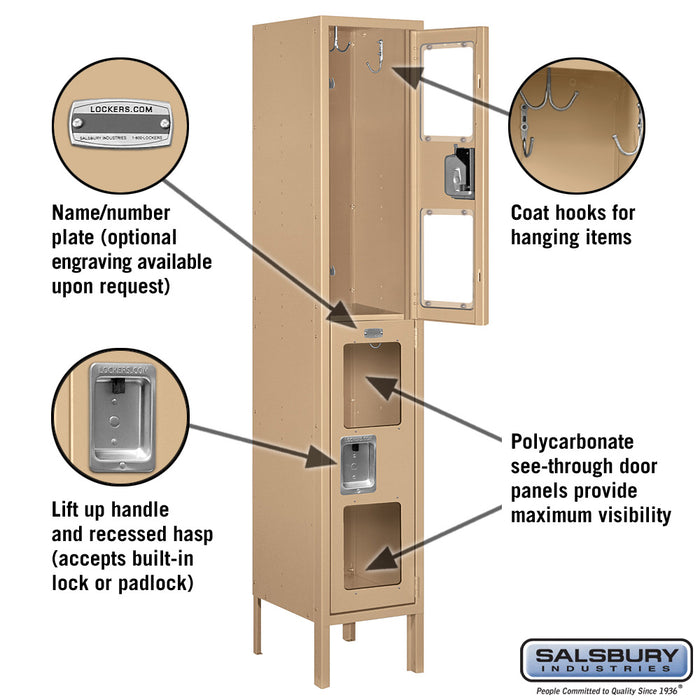 Salsbury 12" Wide Double Tier See-Through Metal Locker - 1 Wide - 5 Feet High - 12 Inches Deep - Tan - Assembled - Sweatfully