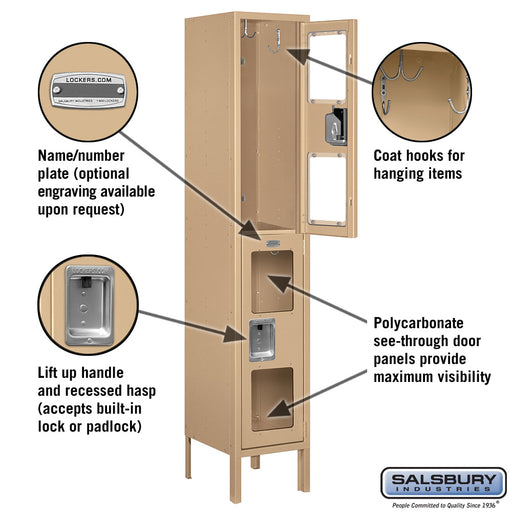 Salsbury 12" Wide Double Tier See-Through Metal Locker - 1 Wide - 5 Feet High - 12 Inches Deep - Tan - Unassembled - Sweatfully