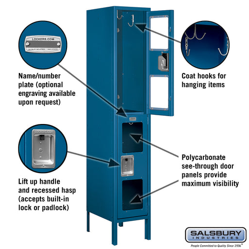 Salsbury 12" Wide Double Tier See-Through Metal Locker - 1 Wide - 5 Feet High - 15 Inches Deep - Blue - Assembled - Sweatfully