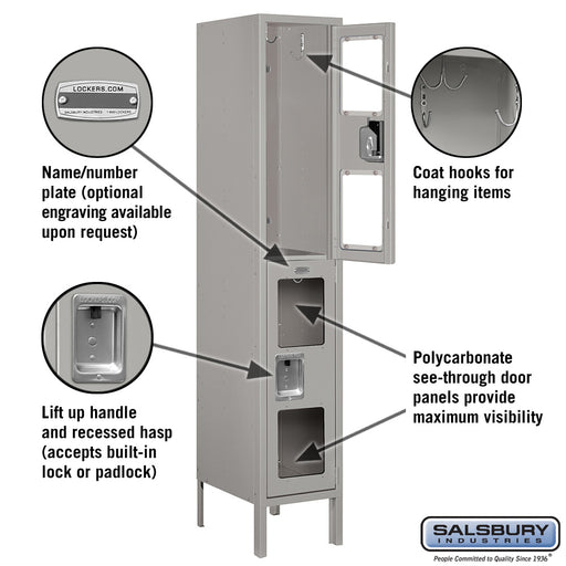 Salsbury 12" Wide Double Tier See-Through Metal Locker - 1 Wide - 5 Feet High - 15 Inches Deep - Gray - Assembled - Sweatfully