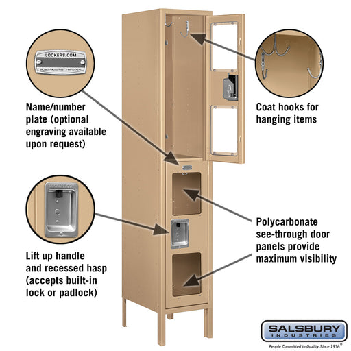 Salsbury 12" Wide Double Tier See-Through Metal Locker - 1 Wide - 5 Feet High - 15 Inches Deep - Tan - Unassembled - Sweatfully