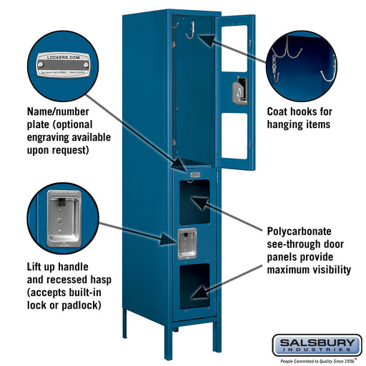 Salsbury 12" Wide Double Tier See-Through Metal Locker - 1 Wide - 5 Feet High - 18 Inches Deep - Blue - Assembled - Sweatfully