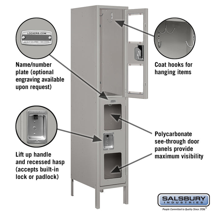 Salsbury 12" Wide Double Tier See-Through Metal Locker - 1 Wide - 5 Feet High - 18 Inches Deep - Gray - Assembled - Sweatfully