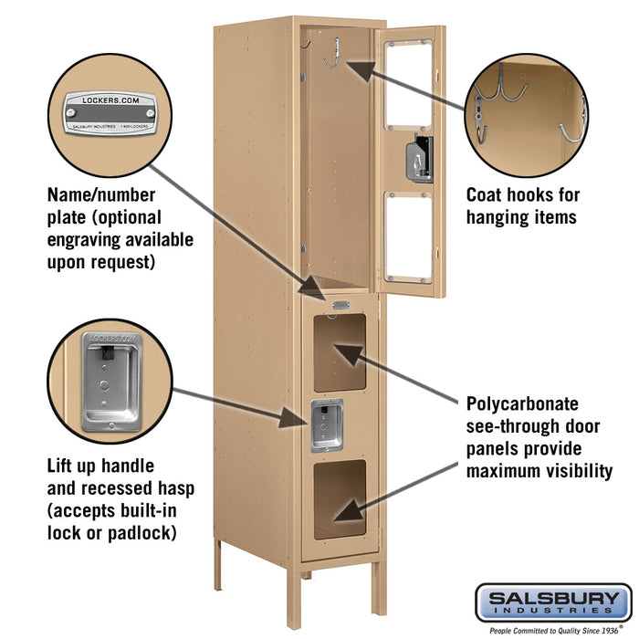 Salsbury 12" Wide Double Tier See-Through Metal Locker - 1 Wide - 5 Feet High - 18 Inches Deep - Tan - Unassembled - Sweatfully