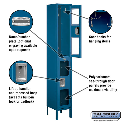 Salsbury 12" Wide Double Tier See-Through Metal Locker - 1 Wide - 6 Feet High - 12 Inches Deep - Blue - Assembled - Sweatfully