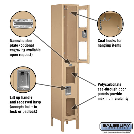 Salsbury 12" Wide Double Tier See-Through Metal Locker - 1 Wide - 6 Feet High - 12 Inches Deep - Tan - Unassembled - Sweatfully