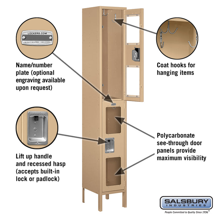 Salsbury 12" Wide Double Tier See-Through Metal Locker - 1 Wide - 6 Feet High - 12 Inches Deep - Tan - Unassembled - Sweatfully