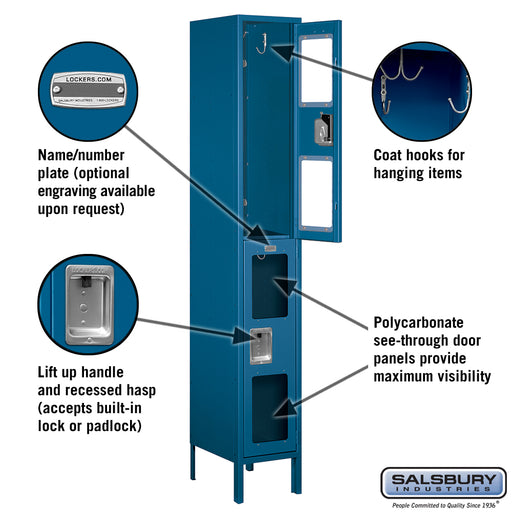 Salsbury 12" Wide Double Tier See-Through Metal Locker - 1 Wide - 6 Feet High - 15 Inches Deep - Blue - Unassembled - Sweatfully