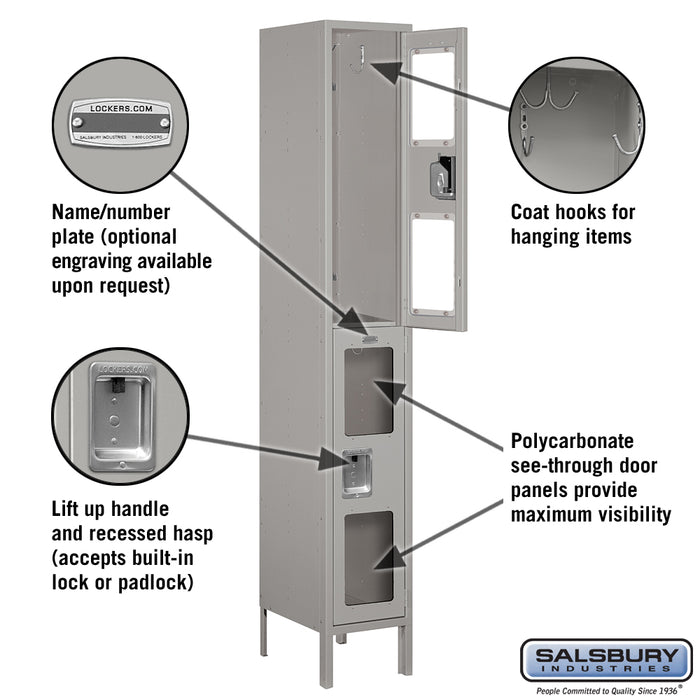 Salsbury 12" Wide Double Tier See-Through Metal Locker - 1 Wide - 6 Feet High - 15 Inches Deep - Gray - Assembled - Sweatfully