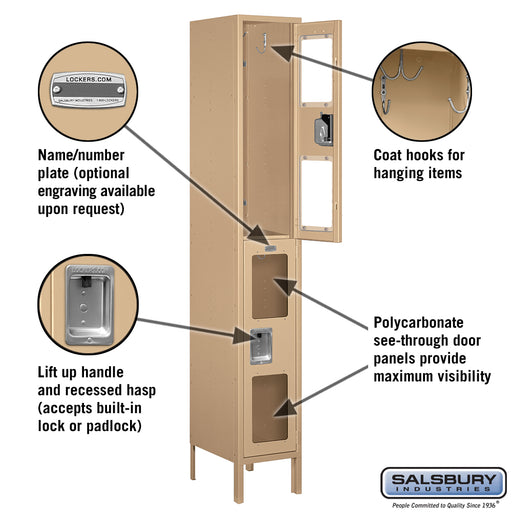 Salsbury 12" Wide Double Tier See-Through Metal Locker - 1 Wide - 6 Feet High - 15 Inches Deep - Tan - Assembled - Sweatfully