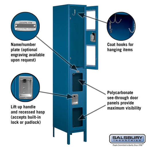 Salsbury 12" Wide Double Tier See-Through Metal Locker - 1 Wide - 6 Feet High - 18 Inches Deep - Blue - Assembled - Sweatfully