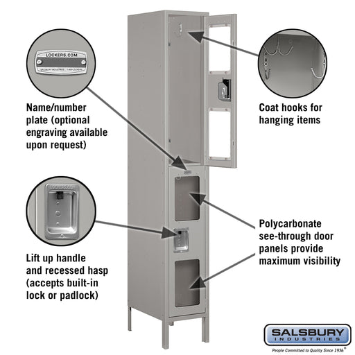 Salsbury 12" Wide Double Tier See-Through Metal Locker - 1 Wide - 6 Feet High - 18 Inches Deep - Gray - Assembled - Sweatfully
