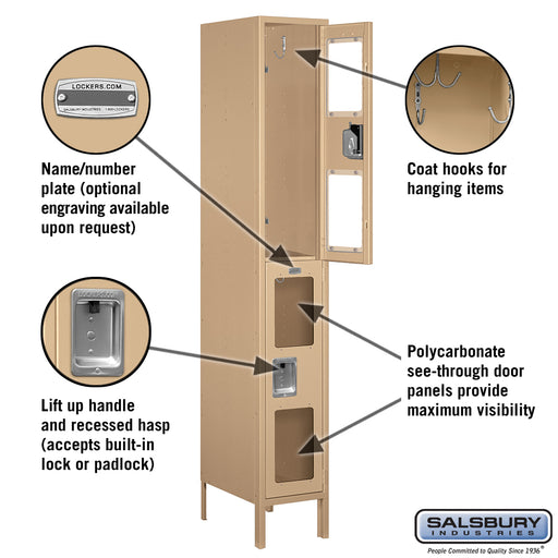 Salsbury 12" Wide Double Tier See-Through Metal Locker - 1 Wide - 6 Feet High - 18 Inches Deep - Tan - Unassembled - Sweatfully