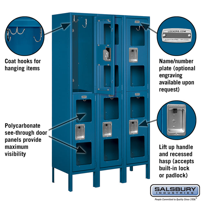 Salsbury 12" Wide Double Tier See-Through Metal Locker - 3 Wide - 5 Feet High - 12 Inches Deep - Blue - Assembled - Sweatfully