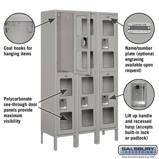 Salsbury 12" Wide Double Tier See-Through Metal Locker - 3 Wide - 5 Feet High - 12 Inches Deep - Gray - Assembled - Sweatfully