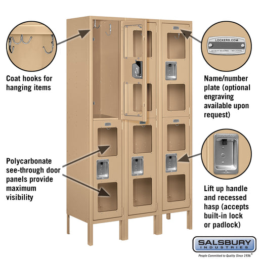Salsbury 12" Wide Double Tier See-Through Metal Locker - 3 Wide - 5 Feet High - 12 Inches Deep - Tan - Unassembled - Sweatfully