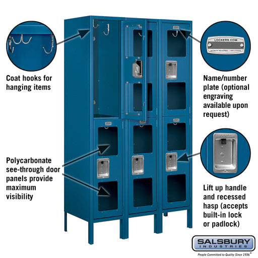Salsbury 12" Wide Double Tier See-Through Metal Locker - 3 Wide - 5 Feet High - 15 Inches Deep - Blue - Unassembled - Sweatfully