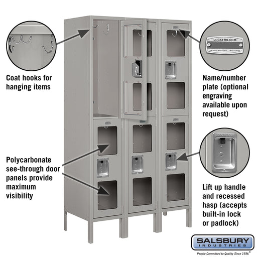 Salsbury 12" Wide Double Tier See-Through Metal Locker - 3 Wide - 5 Feet High - 15 Inches Deep - Gray - Assembled - Sweatfully