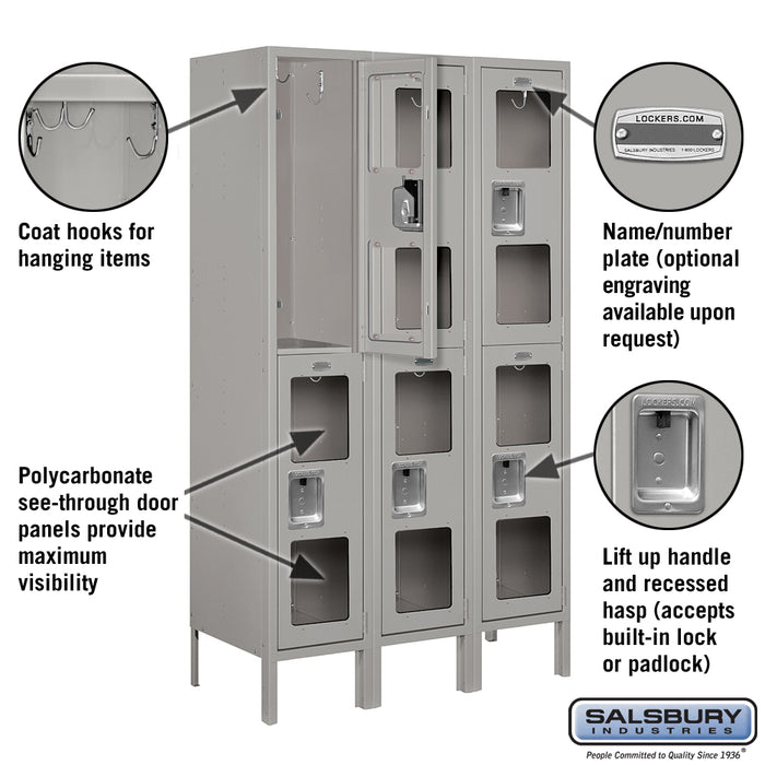 Salsbury 12" Wide Double Tier See-Through Metal Locker - 3 Wide - 5 Feet High - 15 Inches Deep - Gray - Unassembled - Sweatfully