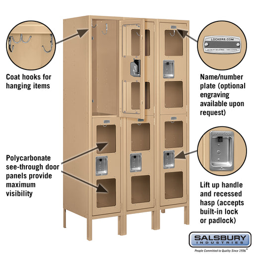 Salsbury 12" Wide Double Tier See-Through Metal Locker - 3 Wide - 5 Feet High - 15 Inches Deep - Tan - Assembled - Sweatfully